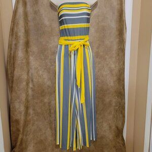 Striped  strapless jumpsuit with pockets